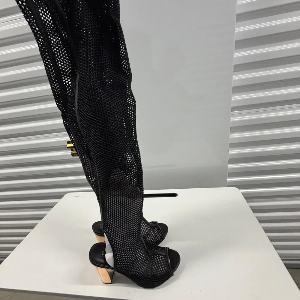 Bamboo Black Fishnet Mesh Thigh High Boots Rose Gold Block Heel Open Toe Size 8